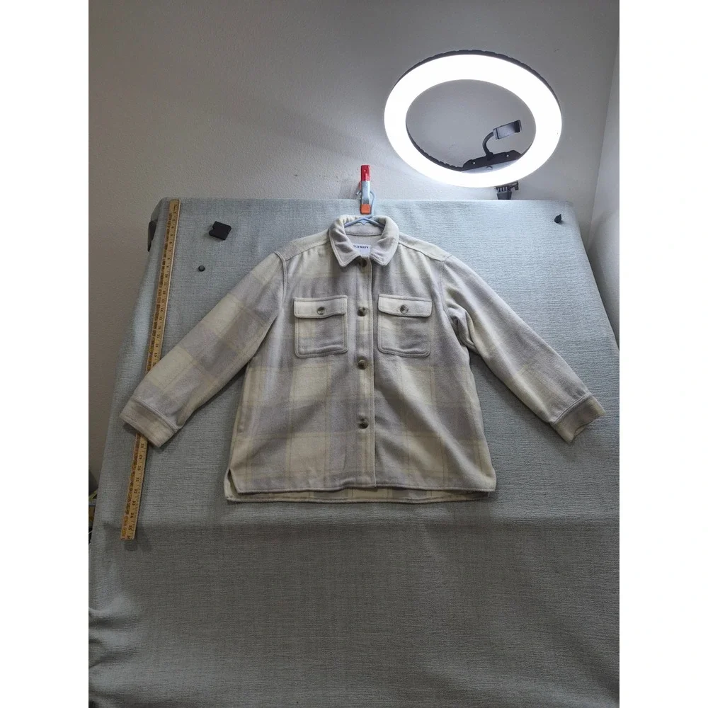 Old Navy Shacket Jacket Womens Large Cream Yellow Plaid Fleece Button Front